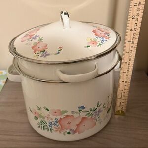 Vintage KOBE Cookware Enameled Floral  Double Metal Pot w/Lid made in Japan